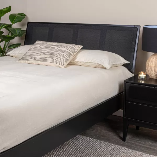Creative CoOp Crawford Modern Solid Wood Black Woven Cane Headboard Stain Finish Queen Bed