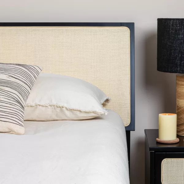 Creative CoOp Crawford Modern Solid Wood Woven Cane Headboard Stain Finish Queen Bed Black and Natural