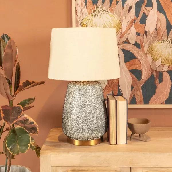 Creative CoOp Glaze Ceramic Natural Linen Shade Table Lamp Blue Textured Round