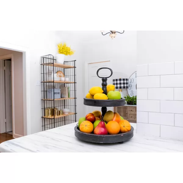 Distressed Brown Wood 2Tier Tray with Metal HandleBlack