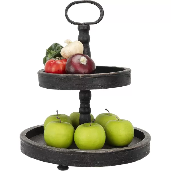 Distressed Brown Wood 2Tier Tray with Metal HandleBlack