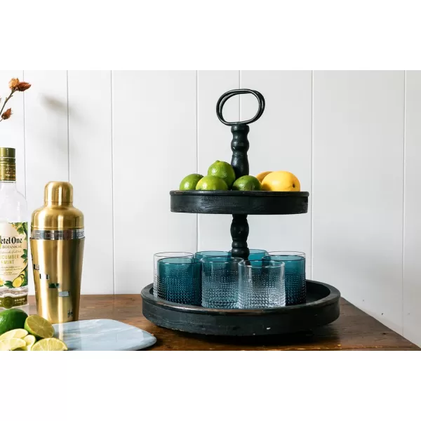 Distressed Brown Wood 2Tier Tray with Metal HandleBlack