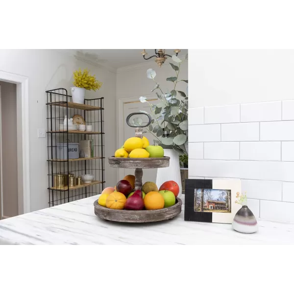 Distressed Brown Wood 2Tier Tray with Metal HandleBrown