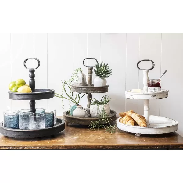 Distressed Brown Wood 2Tier Tray with Metal HandleBrown