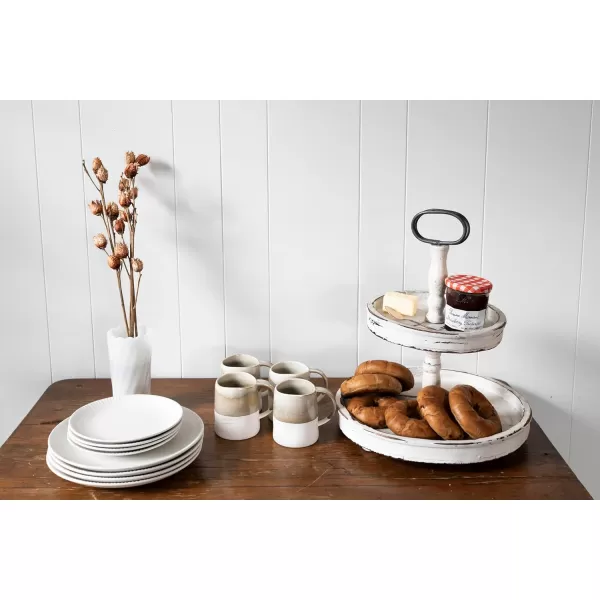 Distressed Brown Wood 2Tier Tray with Metal HandleCream
