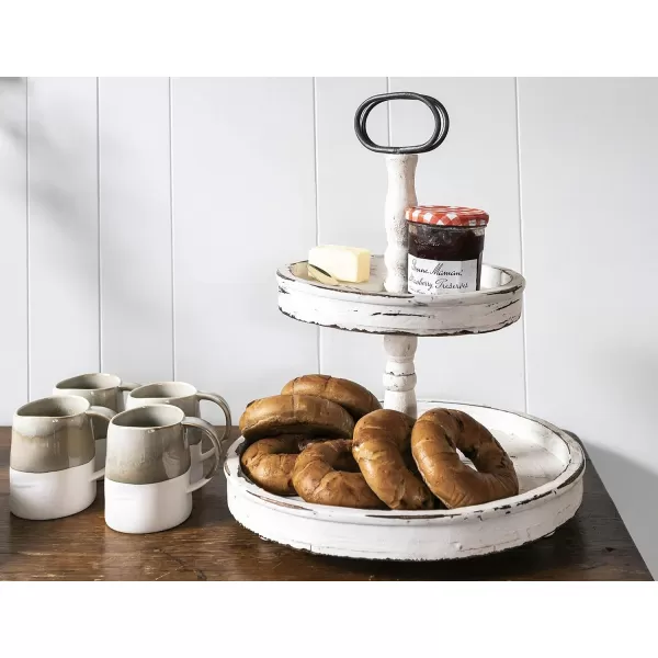 Distressed Brown Wood 2Tier Tray with Metal HandleCream