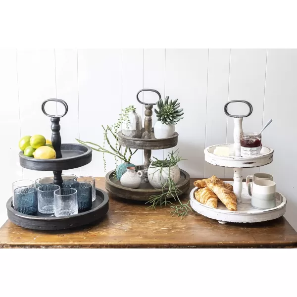 Distressed Brown Wood 2Tier Tray with Metal HandleCream