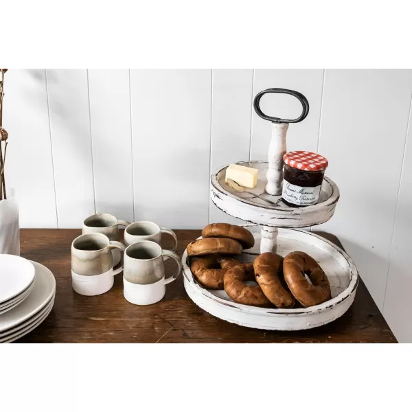 Distressed Brown Wood 2Tier Tray with Metal HandleCream