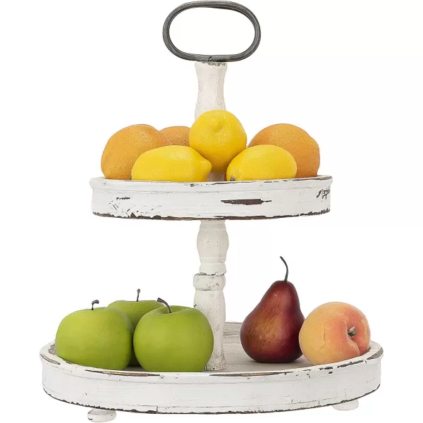 Distressed Brown Wood 2Tier Tray with Metal HandleCream