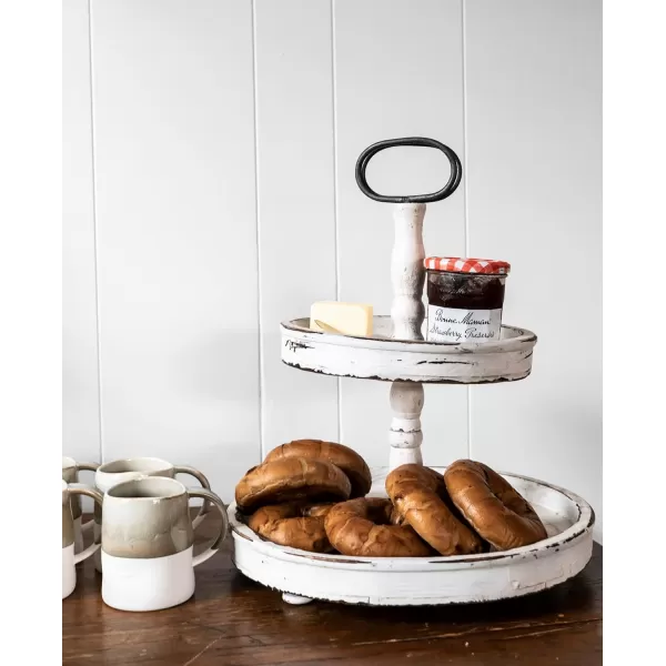 Distressed Brown Wood 2Tier Tray with Metal HandleCream