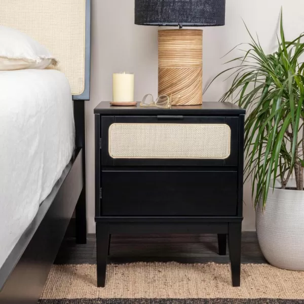 Creative CoOp Crawford 2 Storage Drawers Woven Cane Detail Stain Finish Nightstand Black and Natural