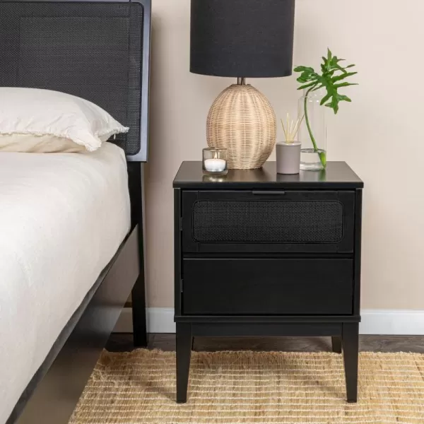 Creative CoOp Crawford 2 Storage Drawers and Black Woven Cane Detail Stain Finish Nightstand