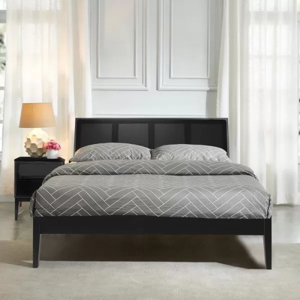 Creative CoOp Crawford Modern Solid Wood Black Woven Cane Headboard Stain Finish Queen Bed