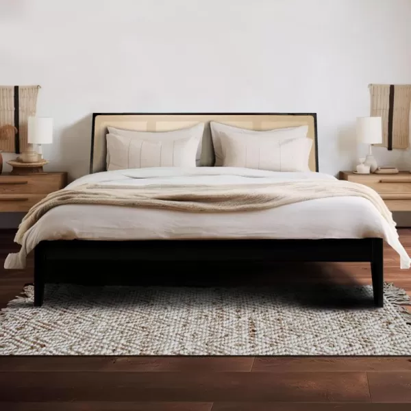 Creative CoOp Crawford Modern Solid Wood Woven Cane Headboard Stain Finish Queen Bed Black and Natural