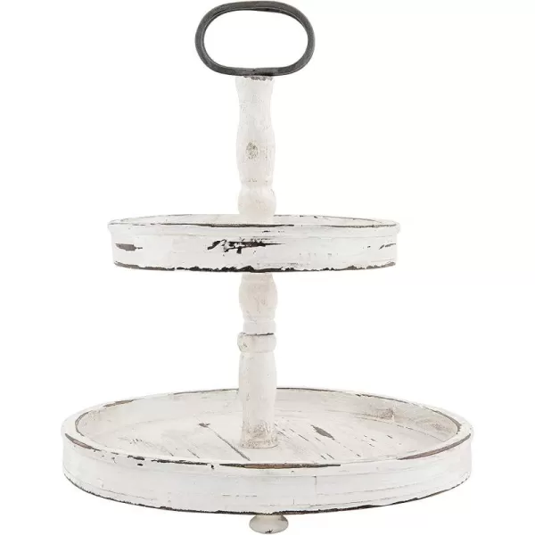 Distressed Brown Wood 2Tier Tray with Metal HandleCream