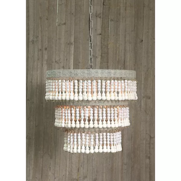 Creative CoOp 3Tier Round Metal Chandelier with Hanging Wood BeadsAntique White