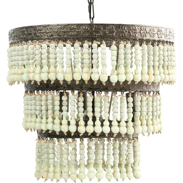 Creative CoOp 3Tier Round Metal Chandelier with Hanging Wood BeadsLight Green