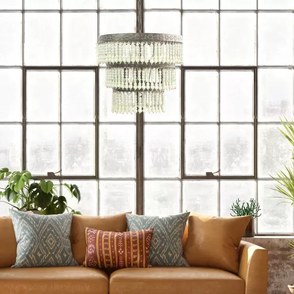 Creative CoOp 3Tier Round Metal Chandelier with Hanging Wood BeadsLight Green