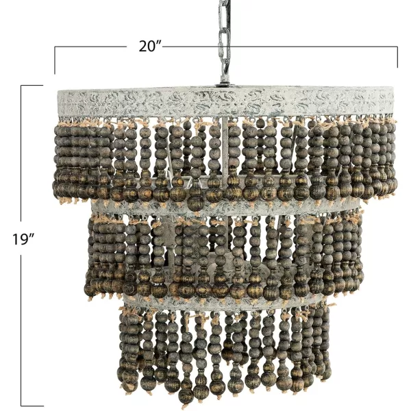 Creative CoOp 3Tier Round Metal Chandelier with Hanging Wood BeadsOffWhite