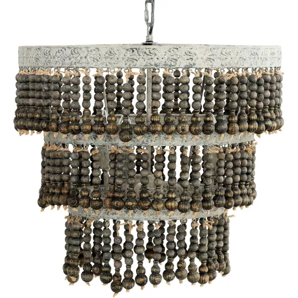 Creative CoOp 3Tier Round Metal Chandelier with Hanging Wood BeadsOffWhite