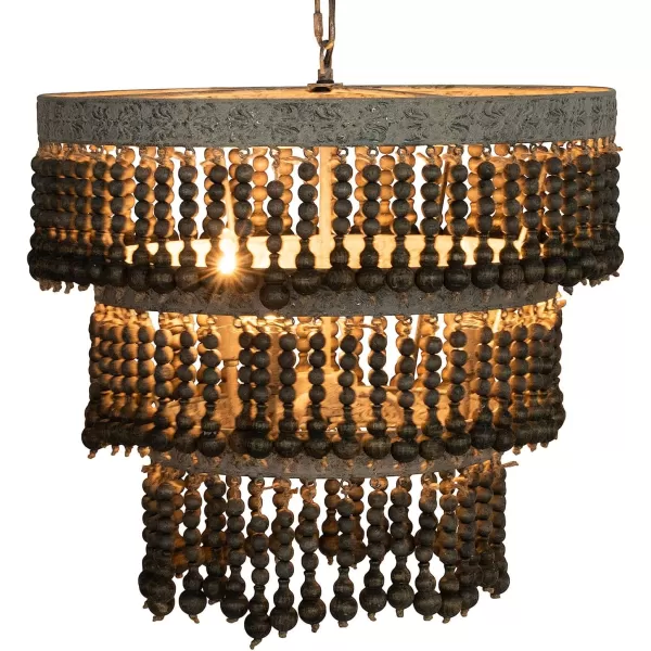 Creative CoOp 3Tier Round Metal Chandelier with Hanging Wood BeadsOffWhite