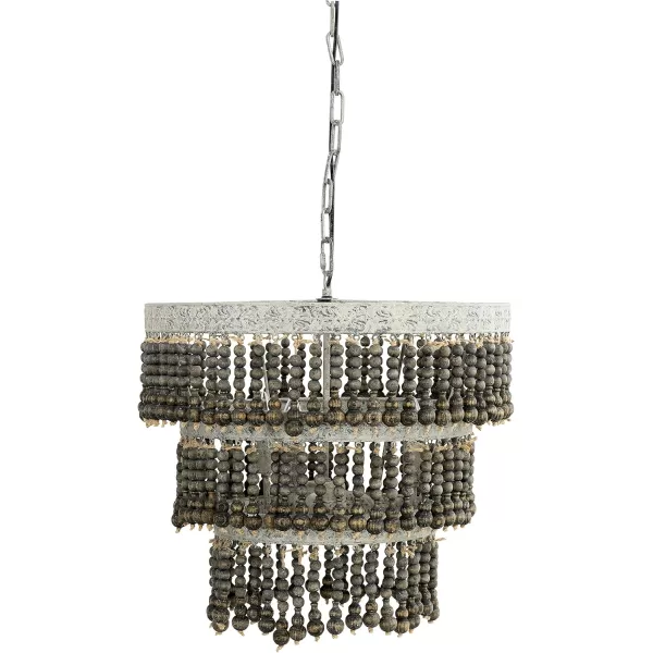 Creative CoOp 3Tier Round Metal Chandelier with Hanging Wood BeadsOffWhite