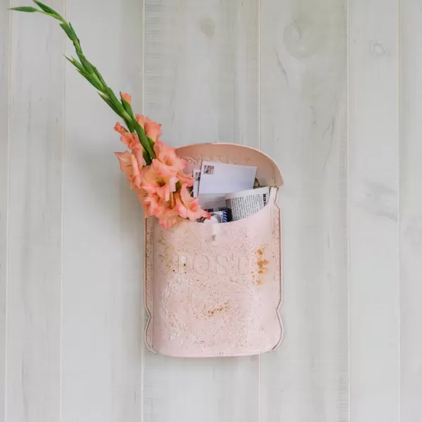 Creative CoOp Aqua Embossed Tin Post Box with Distressed FinishPink