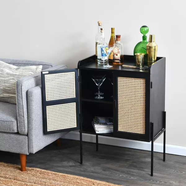 Creative CoOp Metal ampamp Mango Wood Natural Woven Cane Details Bar Cabinet Black FinishBlack Finish