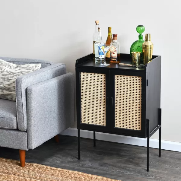Creative CoOp Metal ampamp Mango Wood Natural Woven Cane Details Bar Cabinet Black FinishBlack Finish