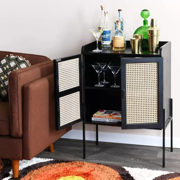 Creative CoOp Metal ampamp Mango Wood Natural Woven Cane Details Bar Cabinet Black FinishBlack Finish