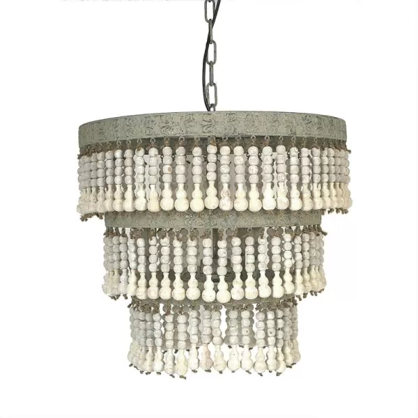 Creative CoOp 3Tier Round Metal Chandelier with Hanging Wood BeadsAntique White