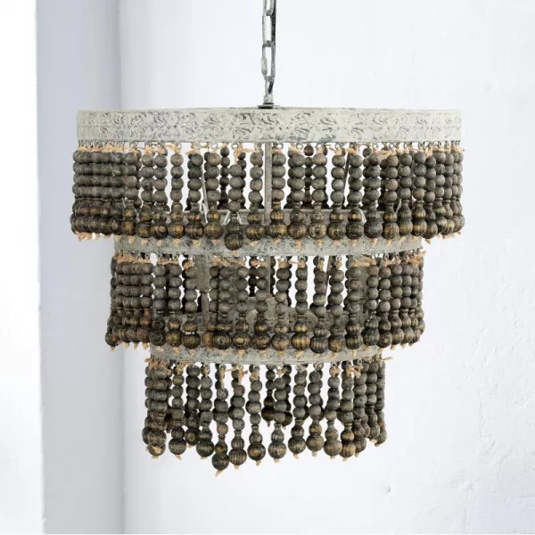 Creative CoOp 3Tier Round Metal Chandelier with Hanging Wood BeadsOffWhite
