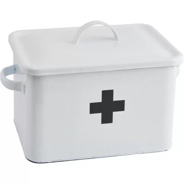 Enameled First Aid Box with Lid ampamp Black Cross on FrontWhite With Black
