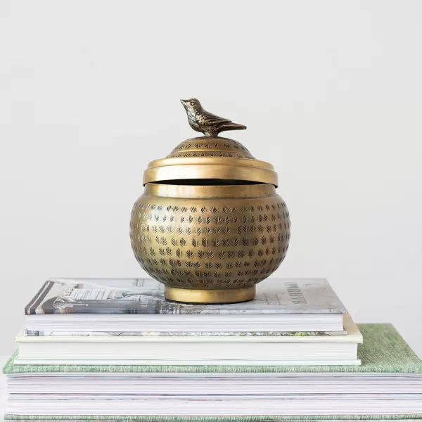 Creative CoOp Brass Round Hammered Metal Container with Rabbit Finial FinishBird