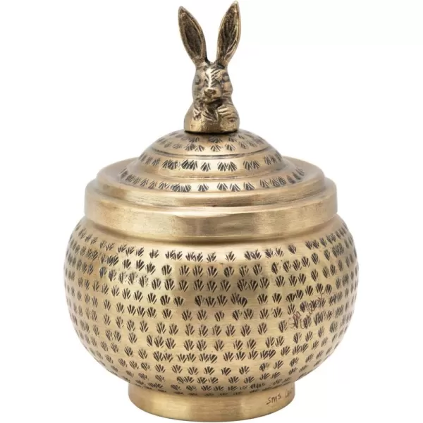 Creative CoOp Brass Round Hammered Metal Container with Rabbit Finial FinishRabbit