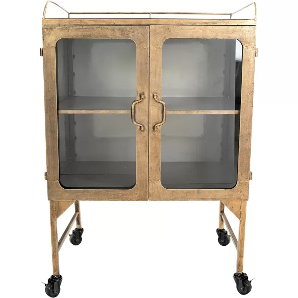 Creative CoOp Vintage Metal Bar Cabinet with Glass Doors and Wheels Antique BrassGold