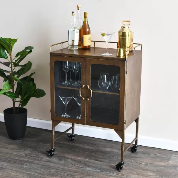 Creative CoOp Vintage Metal Bar Cabinet with Glass Doors and Wheels Antique BrassGold