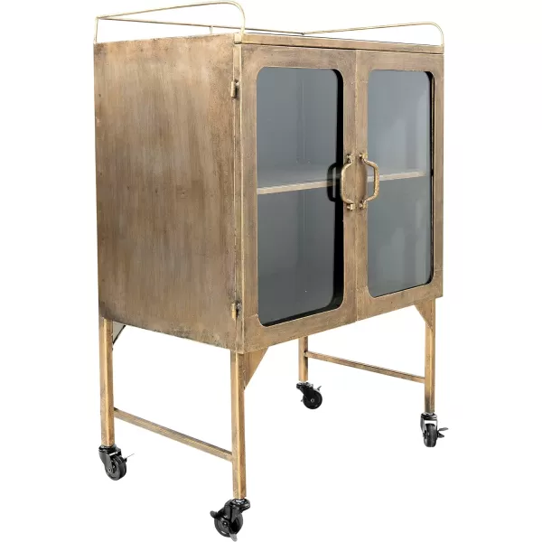 Creative CoOp Vintage Metal Bar Cabinet with Glass Doors and Wheels Antique BrassGold