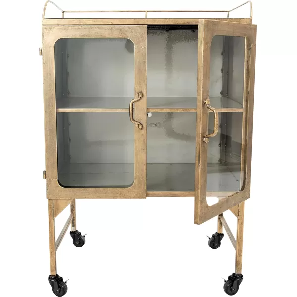 Creative CoOp Vintage Metal Bar Cabinet with Glass Doors and Wheels Antique BrassGold