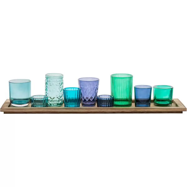 Wood Tray with 9 Brown Glass Votive Holders Set of 10 PiecesBlues