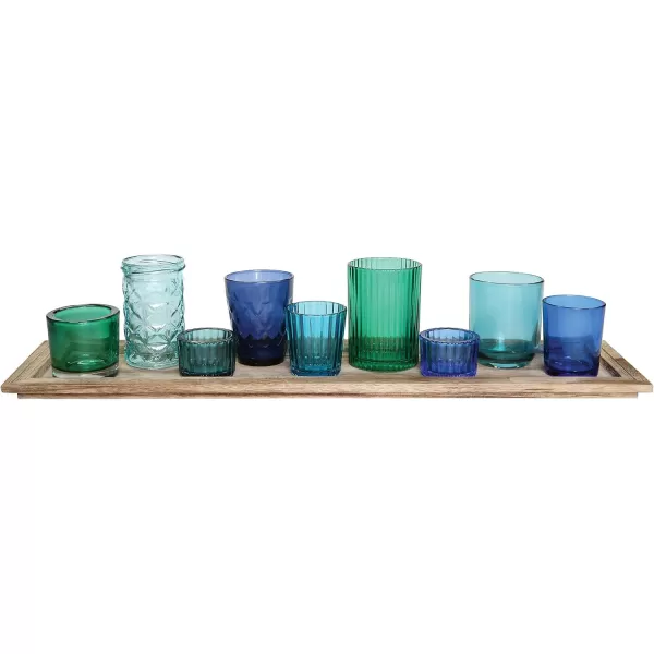 Wood Tray with 9 Brown Glass Votive Holders Set of 10 PiecesBlues