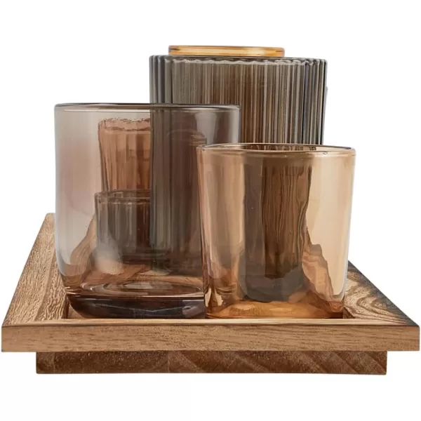 Wood Tray with 9 Brown Glass Votive Holders Set of 10 PiecesBrowns