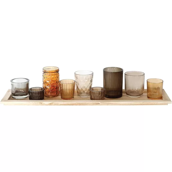 Wood Tray with 9 Brown Glass Votive Holders Set of 10 PiecesBrowns