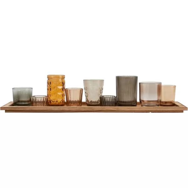 Wood Tray with 9 Brown Glass Votive Holders Set of 10 PiecesBrowns