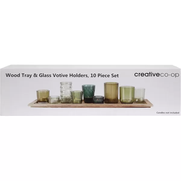 Wood Tray with 9 Brown Glass Votive Holders Set of 10 PiecesGreens