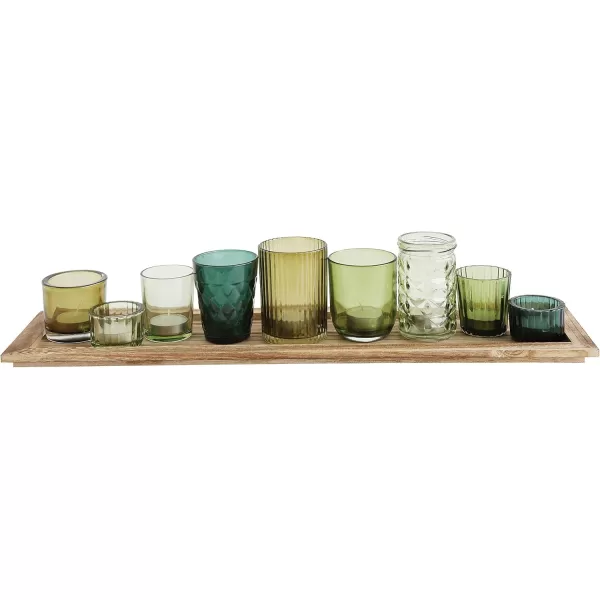 Wood Tray with 9 Brown Glass Votive Holders Set of 10 PiecesGreens