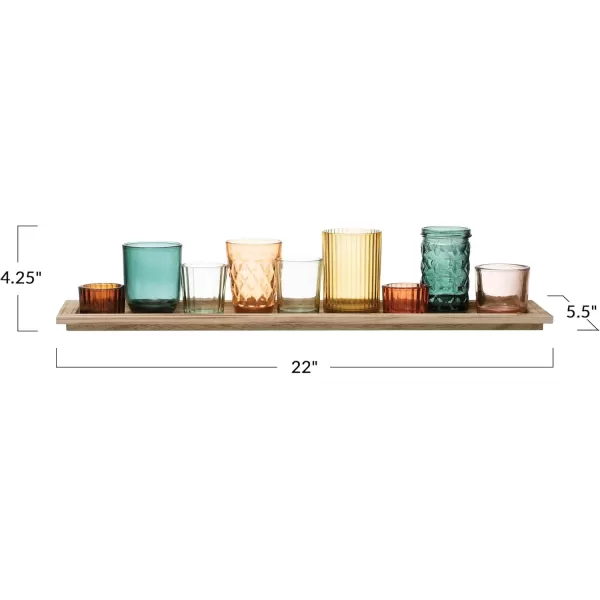 Wood Tray with 9 Brown Glass Votive Holders Set of 10 PiecesYellowGreen