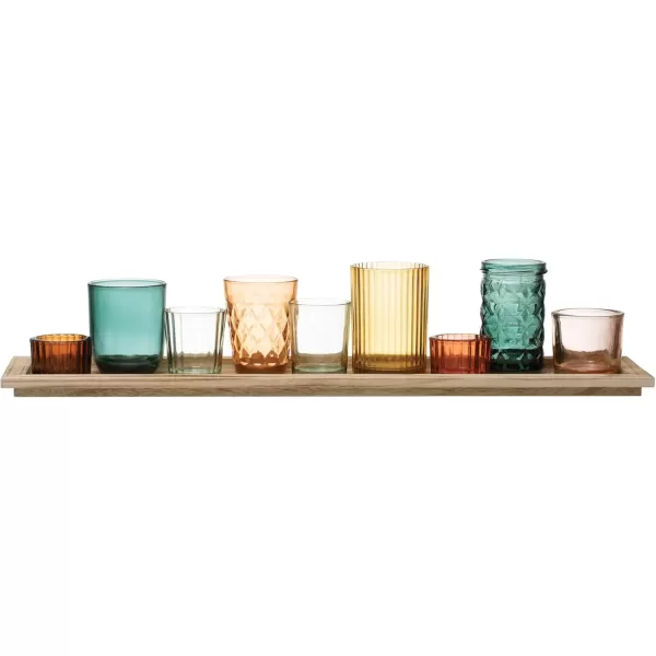 Wood Tray with 9 Brown Glass Votive Holders Set of 10 PiecesYellowGreen
