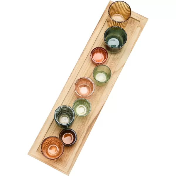 Wood Tray with 9 Brown Glass Votive Holders Set of 10 PiecesYellowGreen