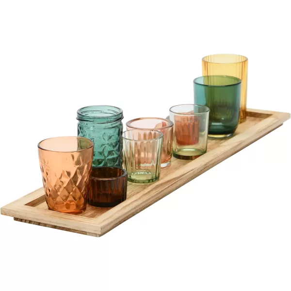 Wood Tray with 9 Brown Glass Votive Holders Set of 10 PiecesYellowGreen